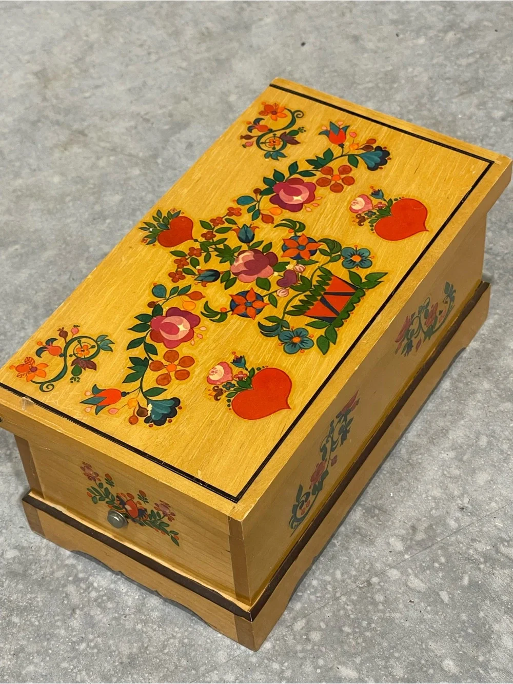 Trinket Jewelry Box- Thorens -Floral Wooden Treasure Made Switzerland*see desc.